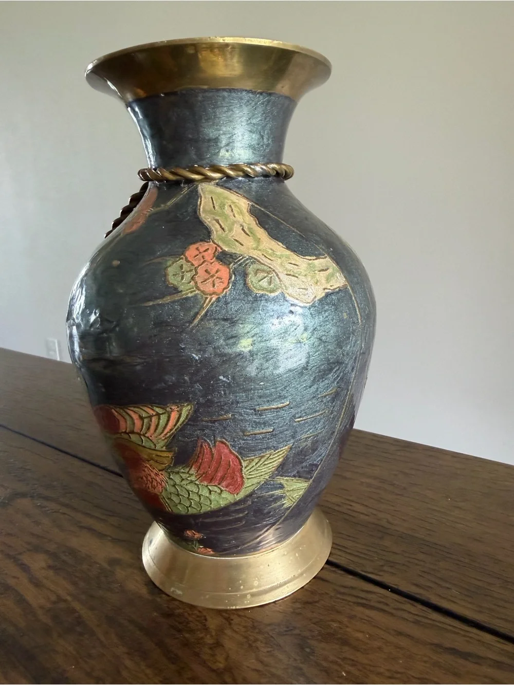 Vintage Brass CLOISONNE VASE Hand Painted 9.5